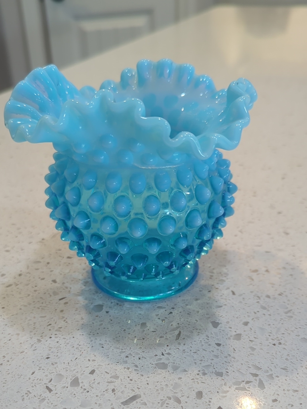 Fenton  Vintage Blue Hobnail Ruffled Glass Vase